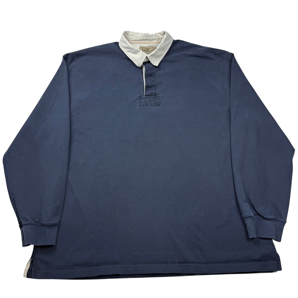 LL Bean Mens XXL Tall Navy Blue Long Sleeve Cotton Rugby Shirt Collar Preppy